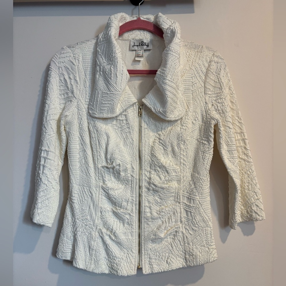 Vintage Joseph Ribkoff Cream Textured Blazer with Shawl Collar and Ruched Front